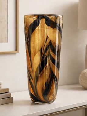 Murano Amber and Black Swirl Art Glass Vase